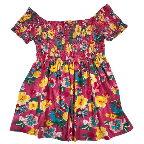 Bobbie Brooks Blouse Large Pink Floral Smocked Off Shoulder Boho Summer Peplum - Picture 6 of 9